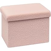 B FSOBEIIALEO Storage Ottoman Cube Small Sherpa Ottoman Foot Rest, Foldable Portable Boucle Ottomans, Faux Teddy Fur, Pink 16.5"x12.6"x12.6"
