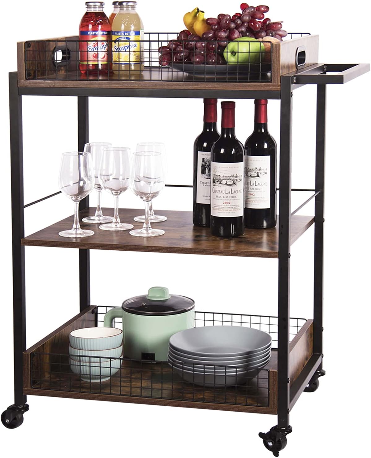 bar serving carts on Amazon Com X Cosrack Bar Serving Cart Mobile Wine Cart On Wheels Kitchen Carts For Home Industrial Vintage Style Wood Metal Serving Trolley With Removable Top Tray Brown Furniture Decor