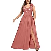 MISSMAY Women's Plus Size Sequined Lace V Neck Sleeveless Slit Vintage Evening Party Formal Maxi Dress