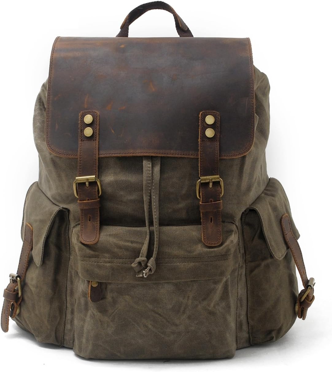 SUVOM Vintage Canvas Genuine Leather Laptop Backpack for Men School Bag 15.6" Water Resistant Travel Rucksack