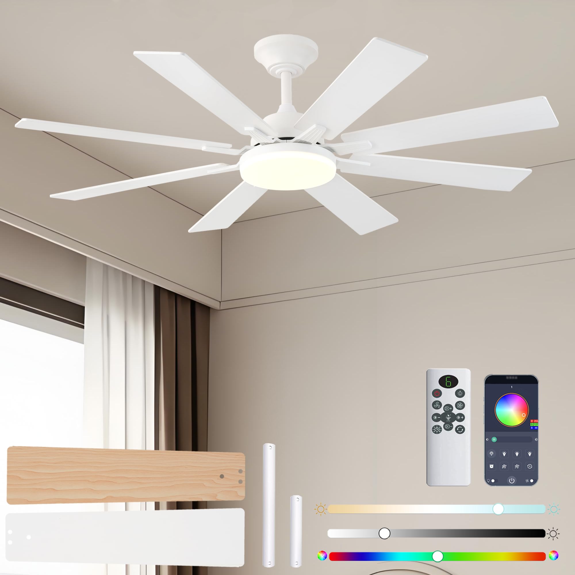 Photo 1 of ***MISSING PARTS***
***PARTIAL SET - PRICE ADJUSTED***
LSPMKE Ceiling Fans with Lights, 52 Inch Ceiling Fan with Light and Remote Control, Reversible DC Motor, 3CCT, Dimmable, Timer, Noiseless, White Ceiling Fan for Bedroom Living Room, Indoor/Outdoor Use