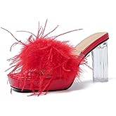 LIURUIJIA Women's Square Toe Platform Chunky Heel Slip on Sandals Feather Fuzzy Heels Mules Wedding Bridal Party Dress Shoes
