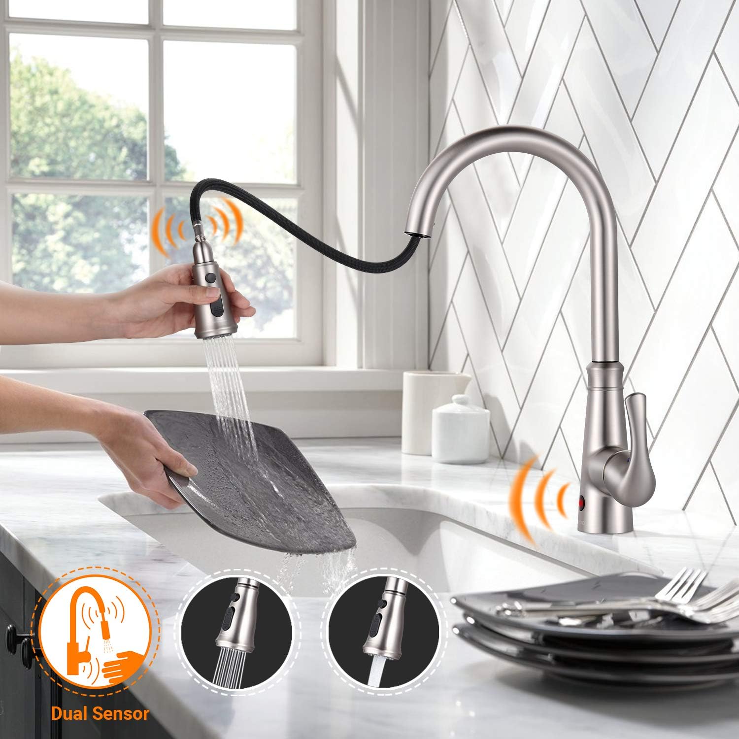 Touchless Kitchen Faucet, Dalmo DAKF5F Kitchen Faucet with Pull Down Sprayer, Single Handle Sensor Kitchen Sink Faucet with 3 Modes Pull Out Sprayer, Brushed Nickel Plating Dual Sensor Sink Faucet - - 