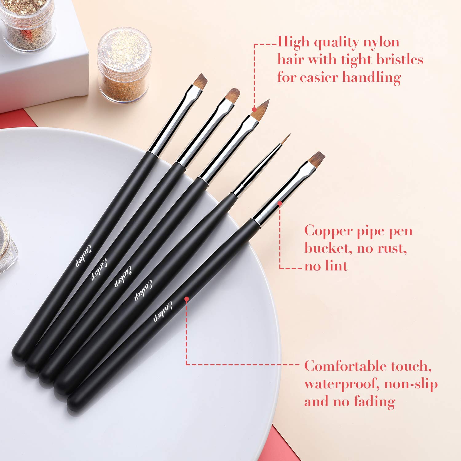 Easkep Acrylic Nail Art Brush, Art Design Dotting Painting Pen Set Nail Art Tips Builder Brush Nail Painting Brush Pen Set Nail Art Dust Remover Brushes Powder 6 PCS : Beauty