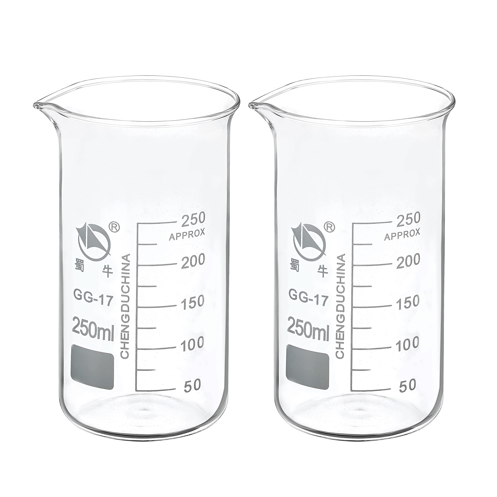 PATIKIL 250ml Tall Form Glass Beaker, 2 Pack 3.3 Borosilicate Glass Graduated Printed Scale Measuring Cups with Spout for Kitchen Lab Liquids Transit Boiling
