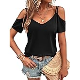 Eachyes Womens Summer Cold Shoulder Tops Low Back Short Sleeve V Neck T Shirts Sexy Casual