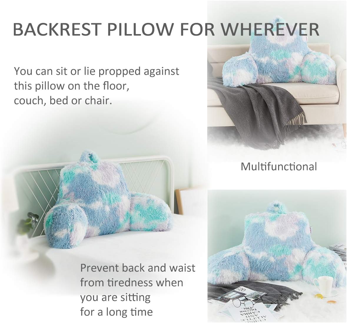 JILLCHE Bed Stylish Ross Fur Adults & Kids Reading Pillow, Cozy Soft Bed Wedge Pillow with Premium Stuffing, Pastel Back Support Pillow Gift, Sit up Bolster Pillow with Arms, Bed Chair Back Cushion: Kitchen & Dining