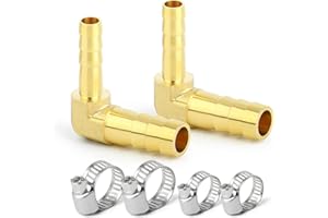GASHER 2 Pieces Brass Hose Barb Reducer, 3/8 Inch to 1/4 Inch Barb Hose ID 90 Degree L Right Angle Elbow with 4 Hose Clamps, Brass Barb Reducer SPLICER Fitting Fuel/AIR/Water/Oil/Gas/WOG