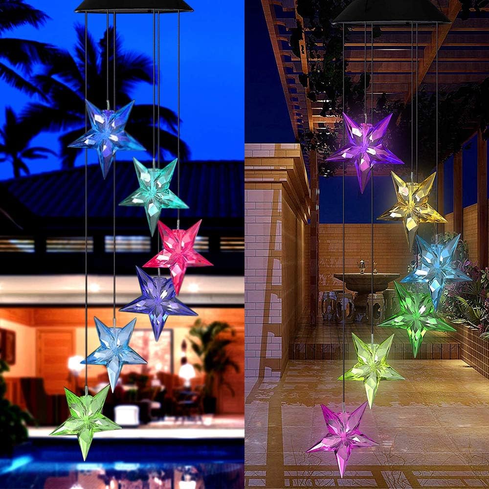 Vinkki Wind Chime Solar Light Color Changing LED Solar Mobile Blue Star Wind Chime Solar Light Wind Mobile Portable Waterproof Outdoor Decorative Romantic Wind Bell Light for Patio Garden Home Party : Garden & Outdoor