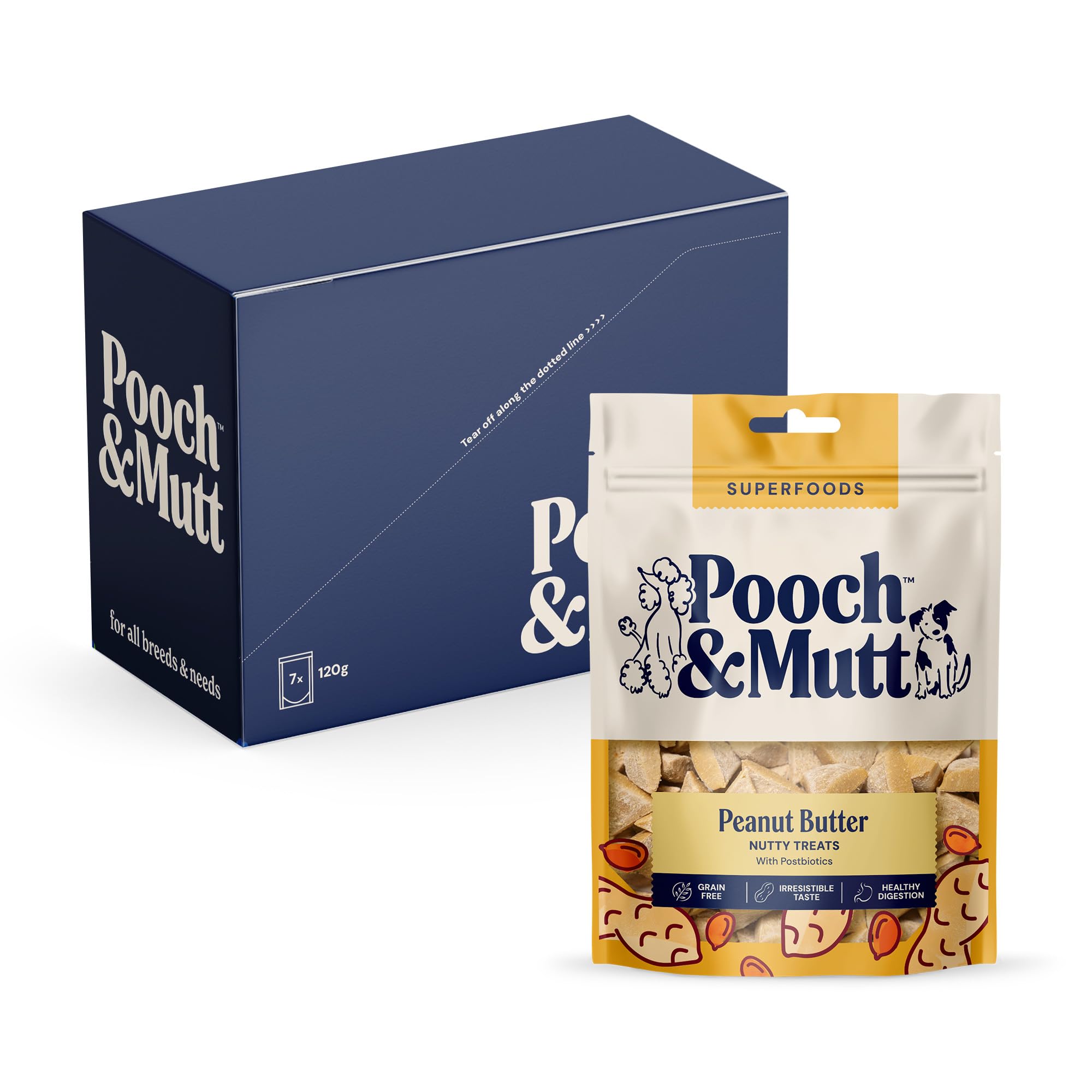 Pooch & Mutt - Peanut Butter Meaty Treats, Dog Treats Grain Free, Digestive Friendly and Vegan, Pack of 7x120g (packaging may vary)