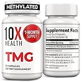 10X Health TMG Supplements - Trimethylglycine Supplement for Liver Support, Heart Wellness, Energy, Homocysteine Levels - TMG Capsules with Betaine Anhydrous - Non-GMO & Gluten-Free - 60 Capsules
