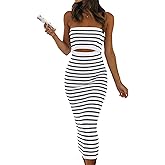 PRETTYGARDEN Women's Summer Midi Bodycon Dress Strapless Cut Out Knit Tube Long Fitted Dresses
