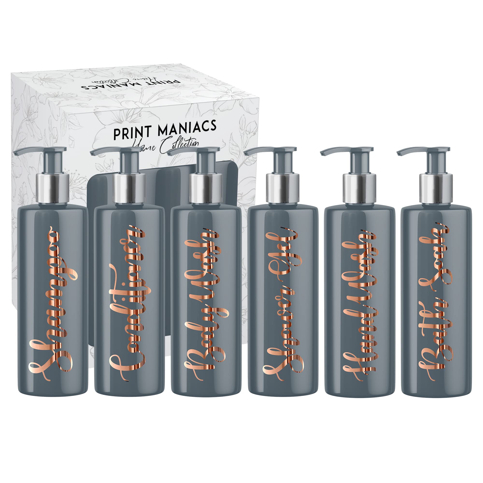 Print Maniacs Grey Mrs Hinch Inspired Personalised 500ml Pump Bottles Bathroom Lotion Kitchen Set Shampoo Conditioner Body Wash (Set 6) (Copper)