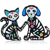 Wesiti 2 Pcs Day of The Wooden Table Decorations Sugar Skull Cat and Dog Figurine Signs Dia De Los Muertos Desk Top Decor for Tiered Tray Shelf Mantle Home Office Mexican Halloween Party Supplies