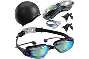 Swimming Goggles with Earplugs, Cap, Nose Clip & Bridge, Storage Case Set 6 in 1 Swim Glasses Kit for Men Women Adults Youth