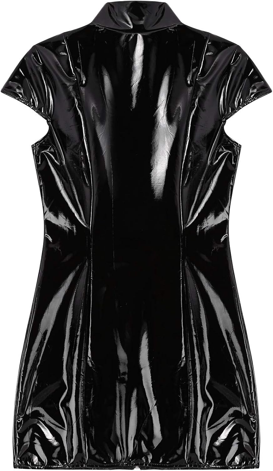 iEFiEL Women PVC Leather Wetlook Sleeveless Stand Collar Front Zipper Bodycon Mini Dress for Club Party: Clothing