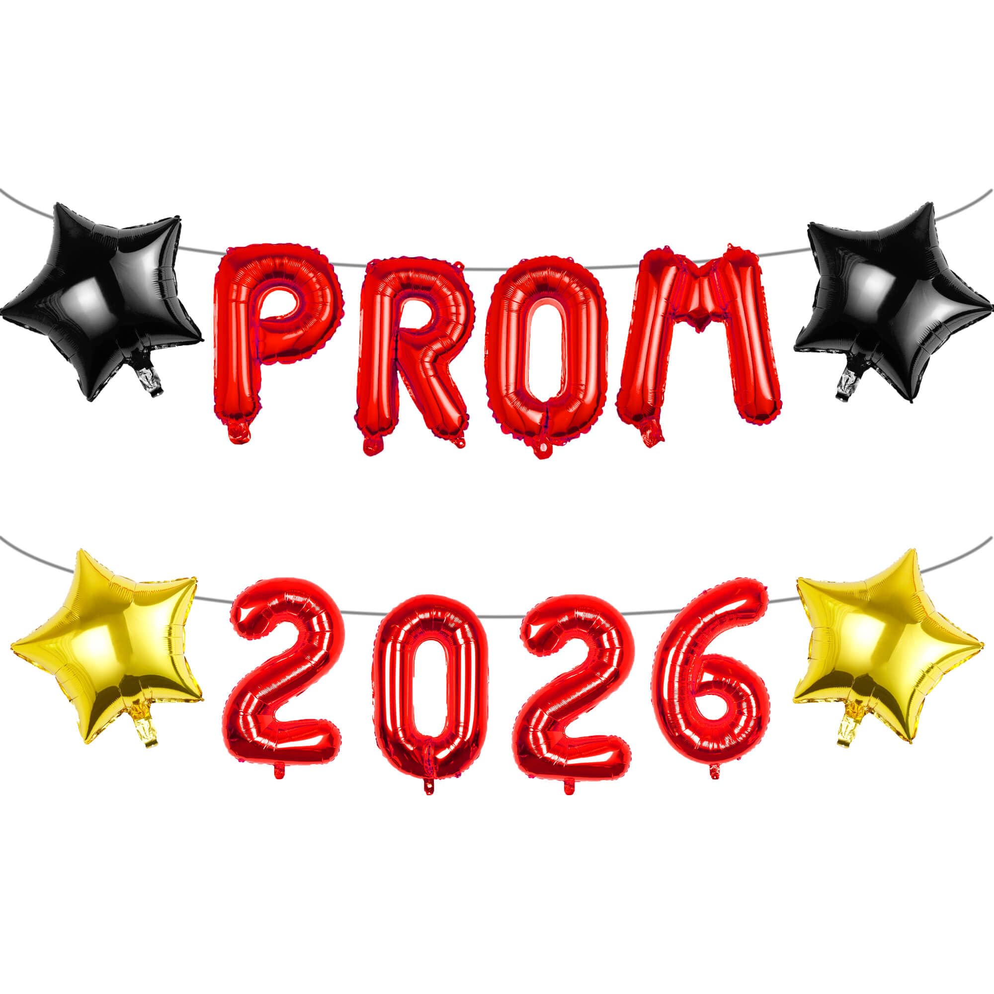 Pargleev Prom 2026 Balloons Decorations, 16 Inch Foil Letter Number Balloons with 18 Inch Black Red Star Balloons for High School College Graduation Gift Retirement Ins Photo Party Supplies