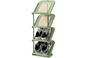 Funecy Retro Rattan Vertical Shoe Rack, Free Standing Shoe Storage Cabinet, Small Shoe Rack, Storage Rack, Suitable for Small Spaces and Narrow Spaces (Green, 4-Tier)