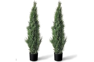 TRESIL Set of 2 Pre-Potted 3.1 Feet Faux Cedar Tree, Lifelike UV Protected Front Door Decor, Porch, Garden, Entryway Topiary, Indoor/Outdoor Use - Ready to Display