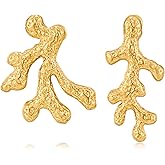 CLASSYZINT Gold Coral Earrings for Women Beach Ocean Theme Stud Earrings Statement Earrings Asymmetric Hammered Textured Hypoallergenic Jewelry