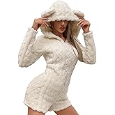 WDIRARA Women's Flannel Zip Up Hooded Romper Fleece Fuzzy Long Sleeve Warm Jumpsuit Shorts