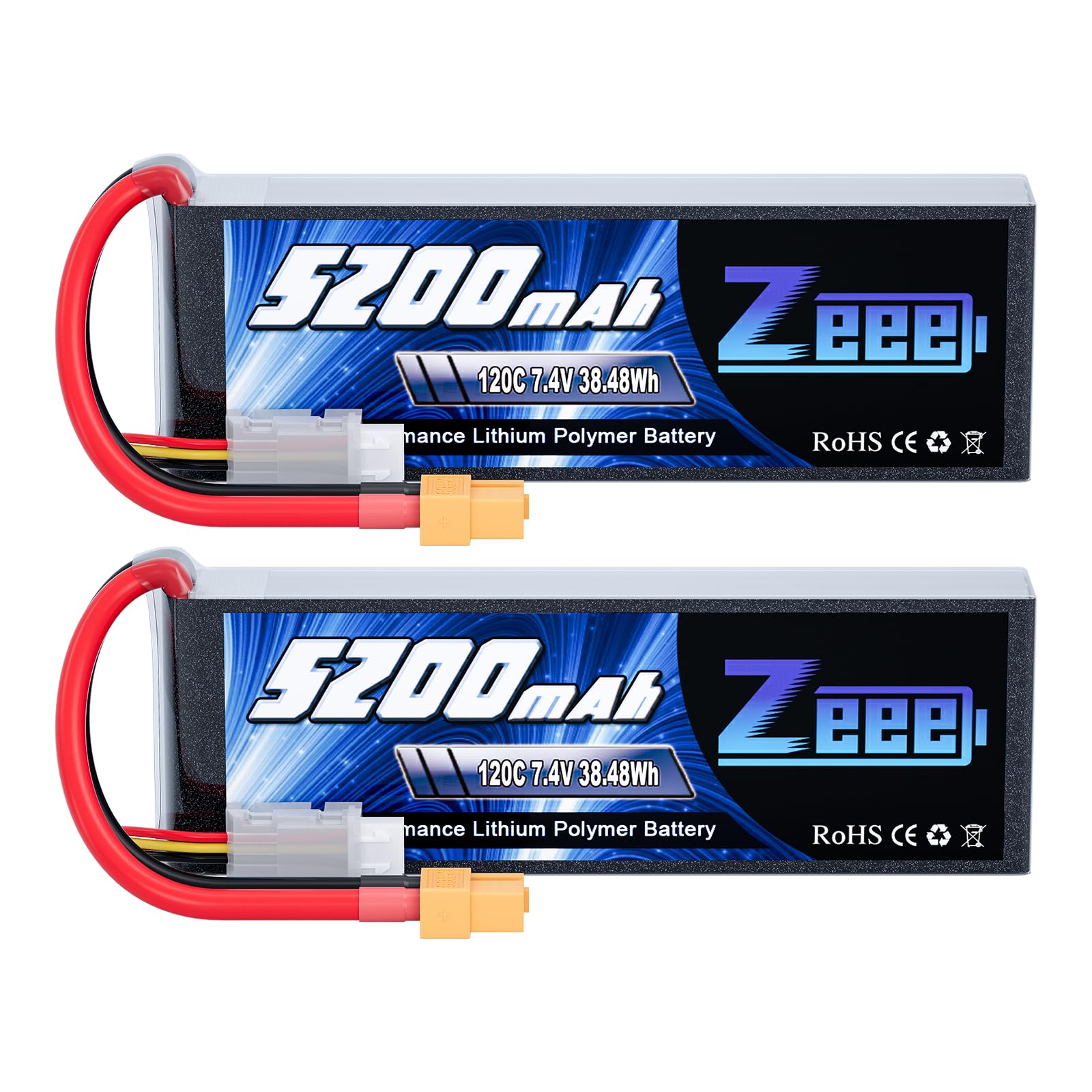 View 1 of (only 1) Zeee 2S Lipo Battery 5200mAh 7.4V 120C with XT60 Connector Soft Pack for 1/8 1/10 RC Vehicles Car Slash RC Buggy Truggy Airplane UAV Drone (2 Packs)