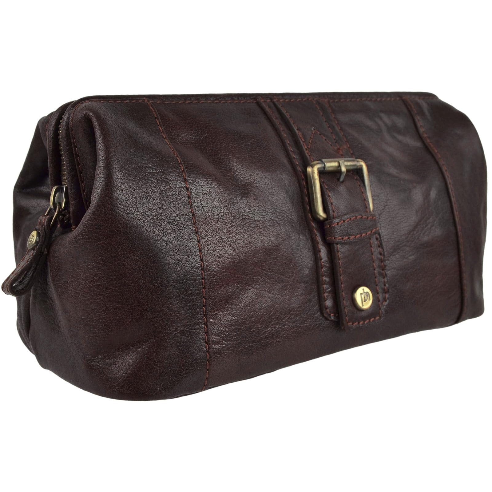 Mens Compact Buffalo Leather Top Framed Wash Bag by PrimeHide Travel-Brown