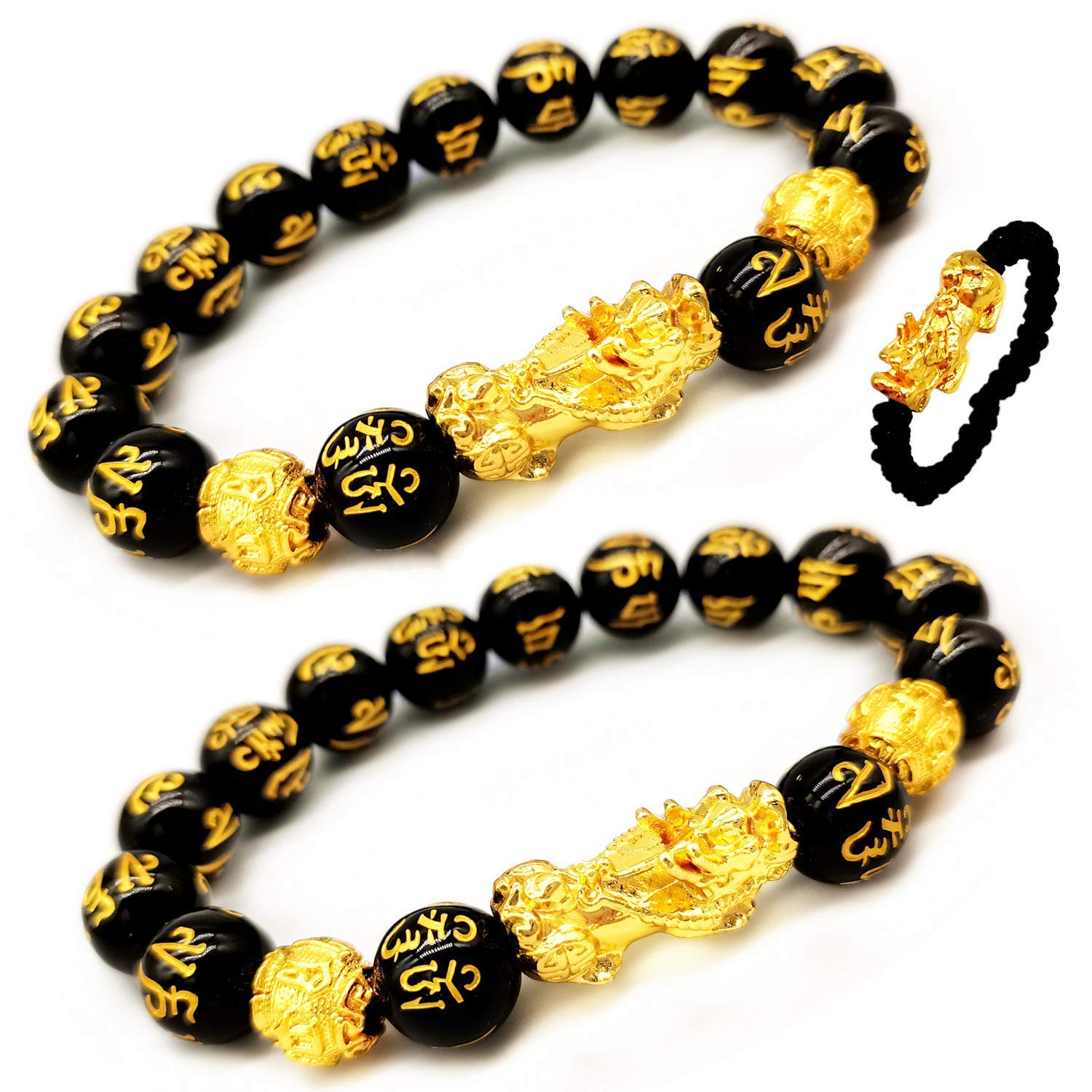 Homelavie Feng Shui 2 Pcs The Best 12mm Black Hand Carved Mantra Bead Bracelet with Golden Pi Xiu/Pi Yao Lucky Wealthy Amulet Brecelet