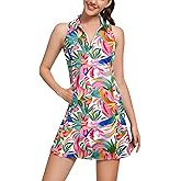 Soneven Tennis Dress for Women Floral Ruffle Sleeve Golf Dresses with Shorts and Pockets 1/4 Zip Golf Outfits
