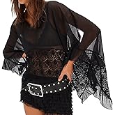 Women Boho Flowy Lace Blouse Long Sleeve Crew Neck See Through Ruffle Sheer Tops