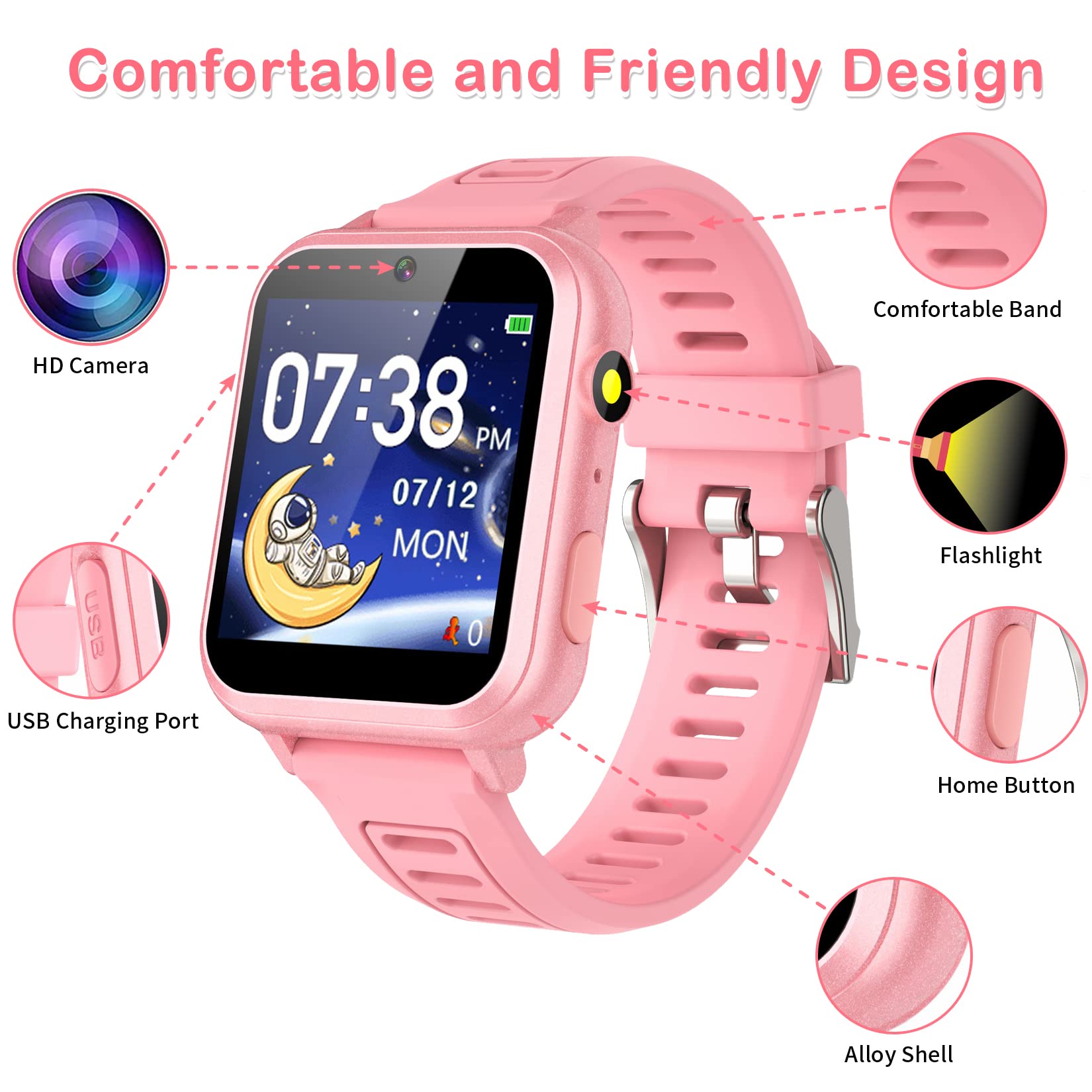 Smart Watch for Kids, Toddler Watch Toys with 39 Games Camera Video Recorder Music Alarm Calculator Calendar Stopwatch Flashlight Pedometer Birthday Gift Toys for 3-12 Year Old Boys and Girls (Pink)