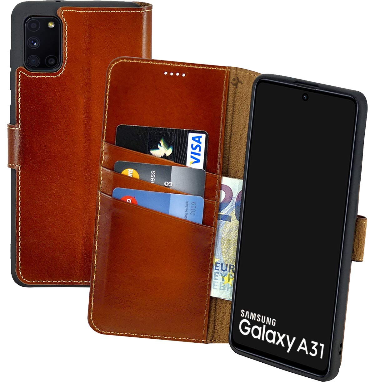Suncase Book-Style Case Compatible with Samsung Galaxy A31 Leather Case (Slim Fit) Mobile Phone Case Protective Case with 3 Card Slots in Burned Cognac