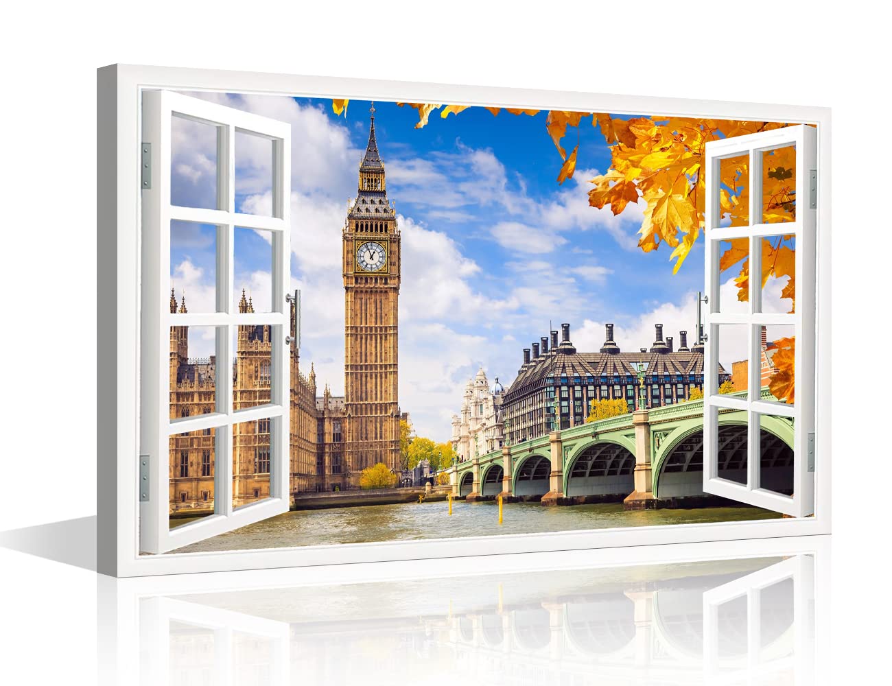 3D Window Effect Wall Art Big Ben Posters London Westminster Bridge Houses of Parliament Cityscape Painting for Canvas Artwork for Living Room Home Bathroom Bedroom Decoration - 24"W x 16"H