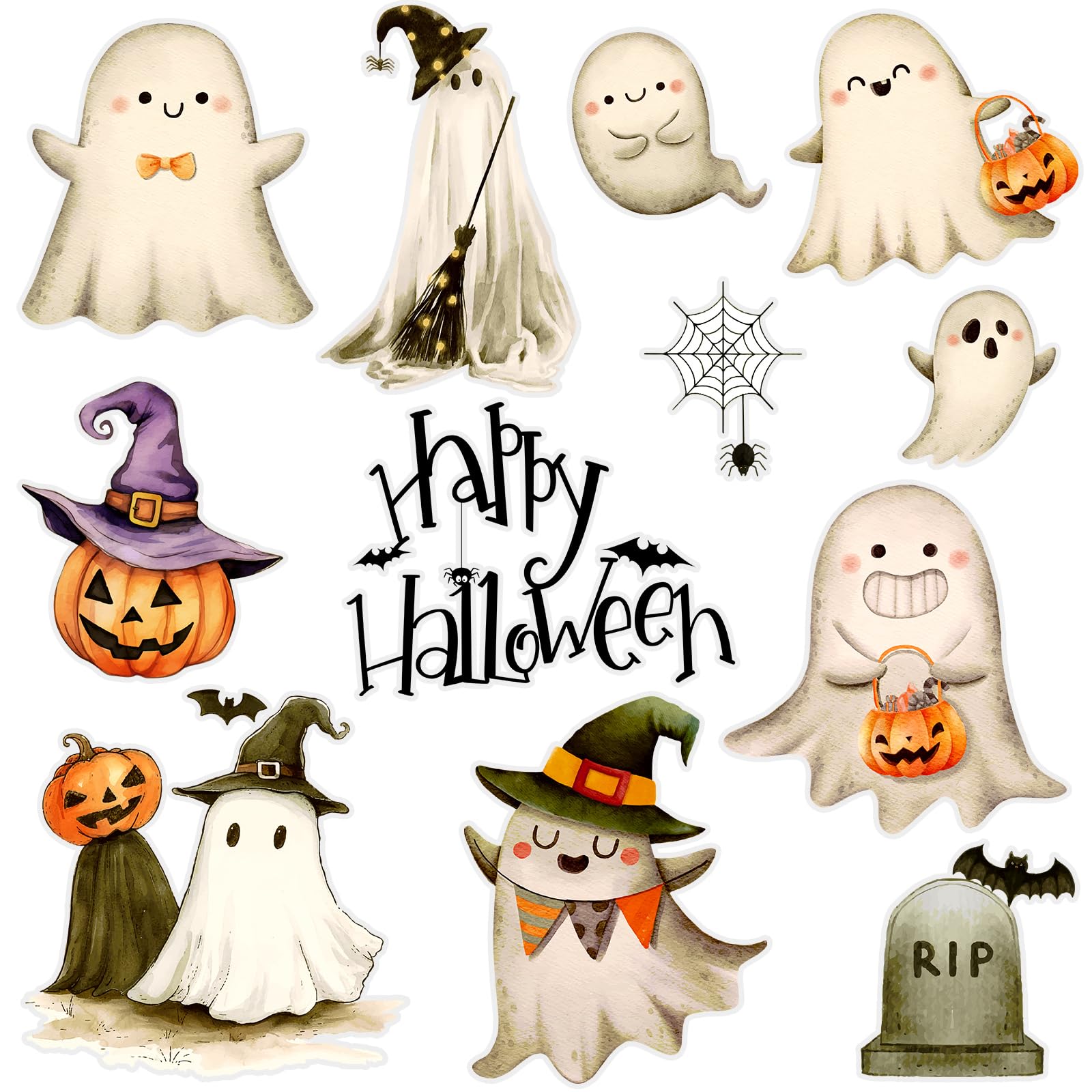 Photo 1 of Honoson 36 Pcs Vintage Halloween Ghost Cutouts Halloween Bulletin Board Decorations Ghost Evil Pumpkin Bat Spider Web Witch Cardboard Decoration for Holiday Window Wall Classroom Home Party Decor