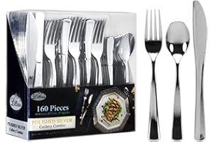LILLIAN TABLESETTINGS Plastic Cutlery Silverware Extra Heavyweight Disposable Flatware, Full Size Cutlery Combo, Polished Silver, 80 Forks, 40 Spoons, 40 Knifes, Value Pack 160 Count