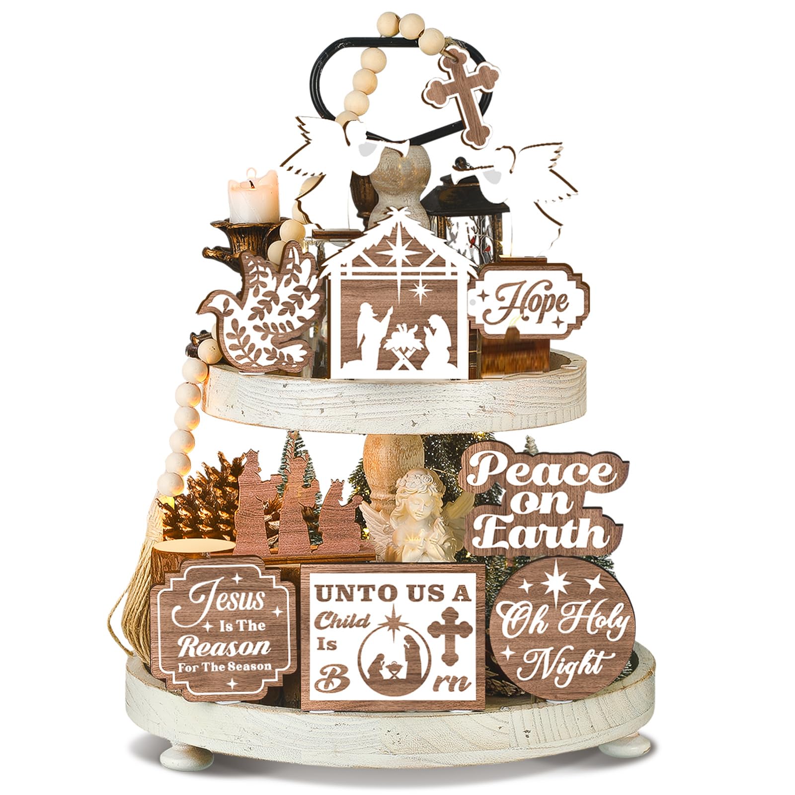 Photo 1 of Funnymoom 17 Pcs Christmas Tiered Tray Decor Set Winter Tiered Tray Decorations Farmhouse Tabletop Centerpiece Christmas Wooden 3D Sign for Xmas Home Buffalo Plaid Rustic Table Decoration(Rustic)