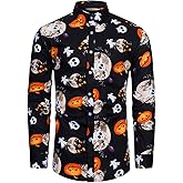 fohemr Mens Funny Halloween Shirt Ugly Pumpkin Long Sleeve Casual Button Down Shirts Adult Costume for Party