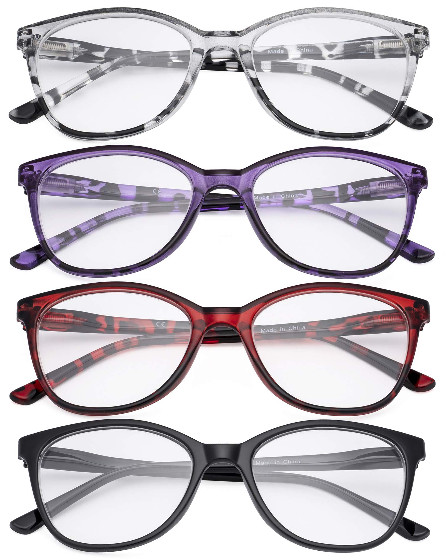 CessBlu Ladies Reading Glasses 4 Pack Cat-Eye Design Eyeglasses for Women Reading +0.0
