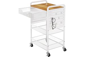 SNTD 3 Tier Rolling Utility Cart with Wheels - Metal Cart with Wood Tabletop, Slide Drawer and Pegboards & Hooks, Versatile Storage Organizer Cart for Home Office Kitchen, White