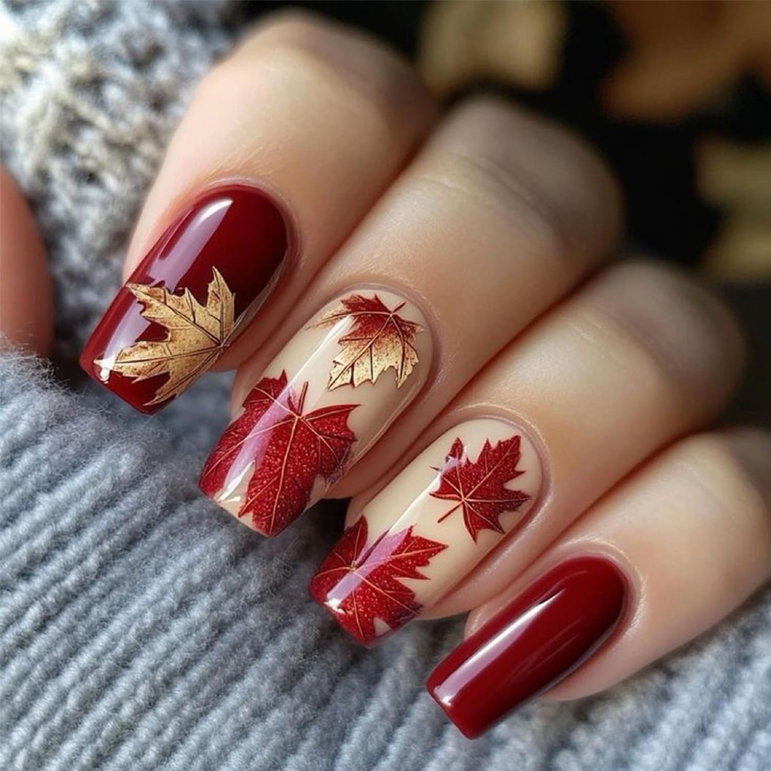 Photo 1 of 24Pcs Thanksgiving Press on Nails Medium Square Autumn Maple Leaf Fake Fake Nails with Glue Fall Maple Leaf Design Glossy Acrylic Nails for Women DIY Thanksgiving Nail Decorations