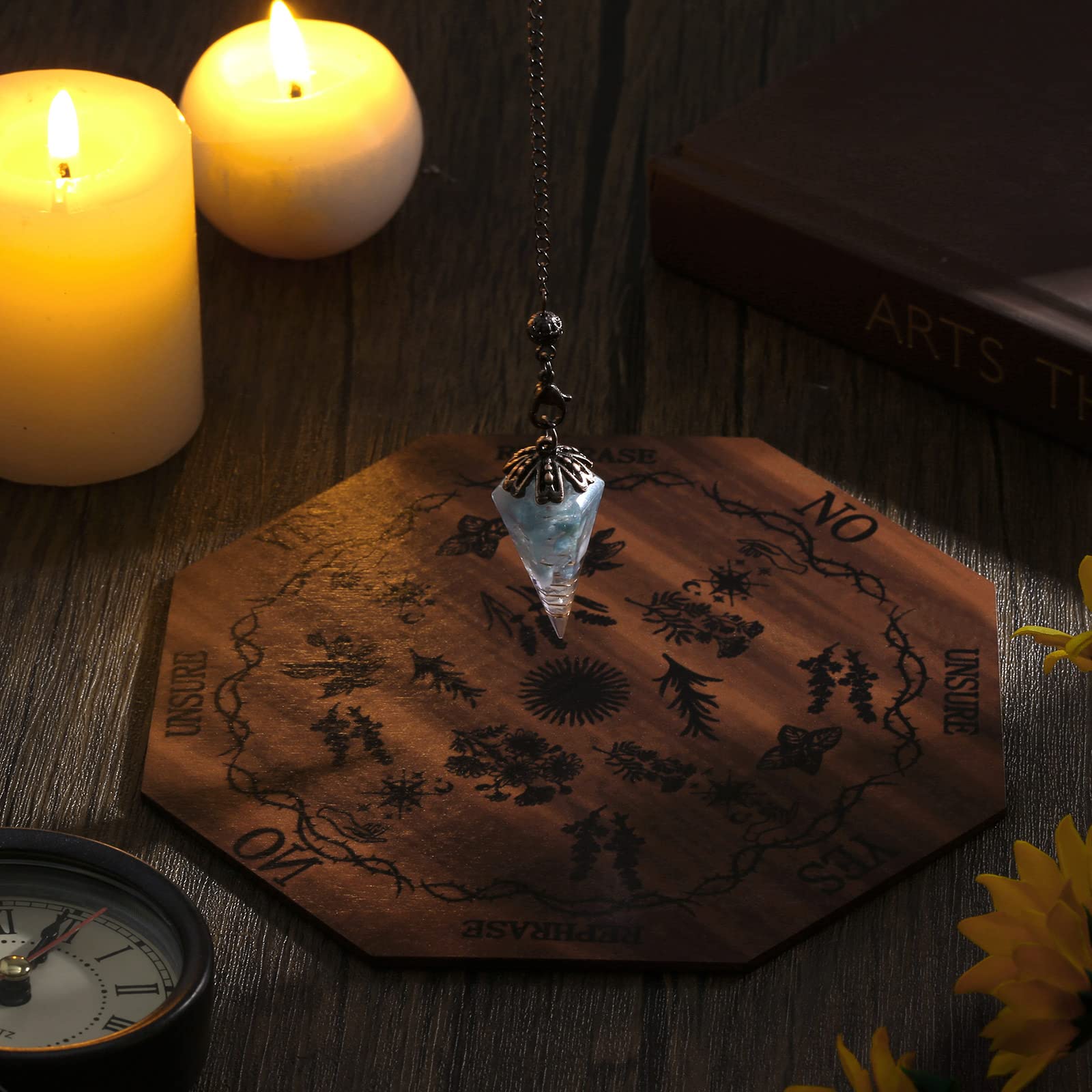 2 Pieces Pendulum Board Dowsing Divination Wooden Pendulum Board Set with Crystal Dowsing Witchcraft Wiccan Altar Supplies Kit for Divination Decoration
