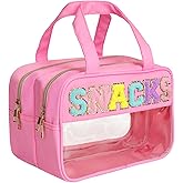 Sweet Lion Chenille Letter Clear Large Makeup Bag, Preppy Cosmetic Bag with Zipper, Stuff Bag Waterproof Travel Toiletry Bag Cosmetic Pouch for Women Girls (Pink-SNACKS)