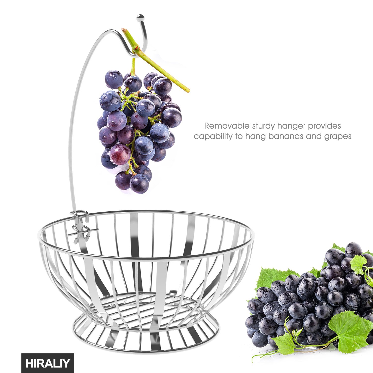 HIRALIY Fruit Tree Bowl with Removable Banana Hanger for Kitchen Countertop (Sliver)