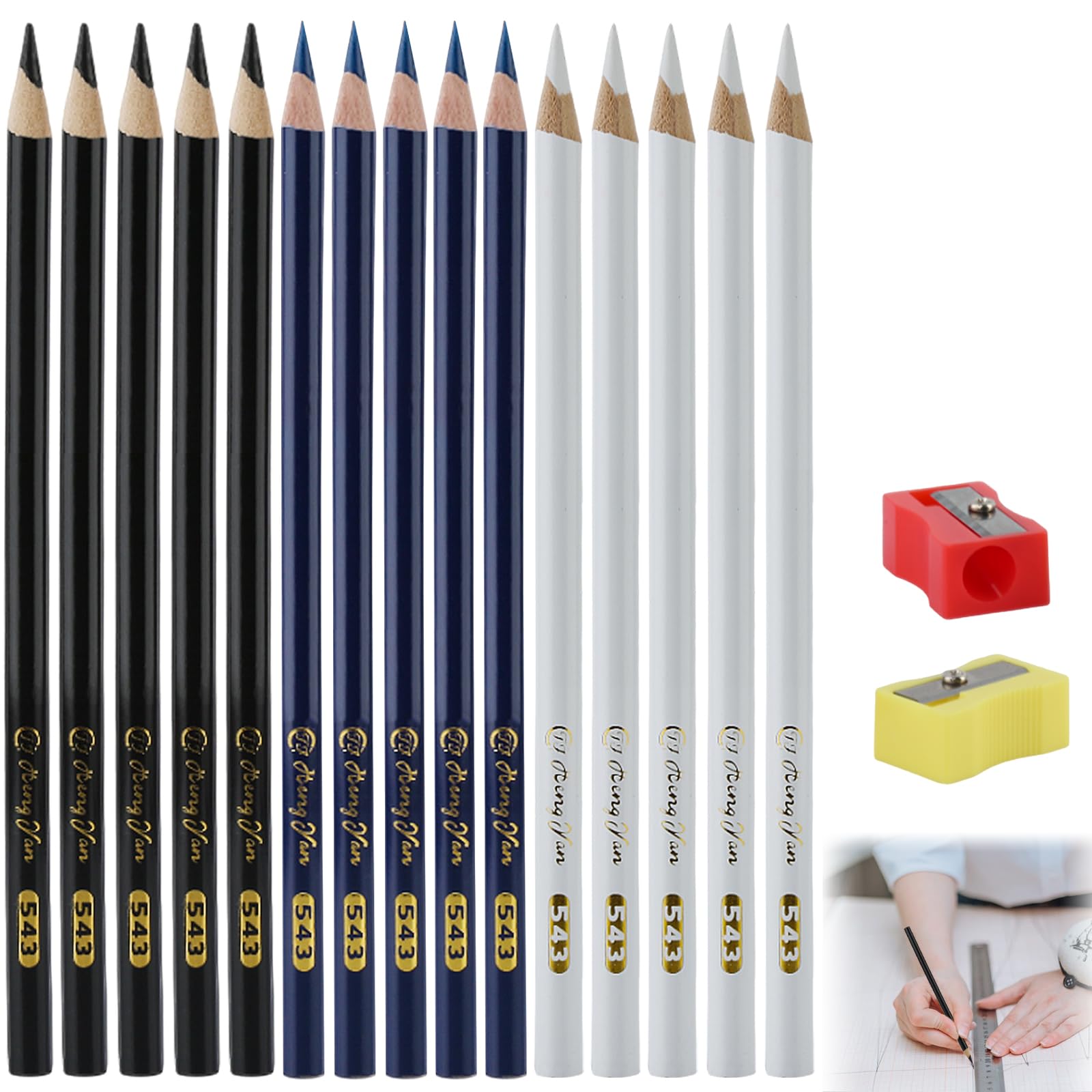 15 Pieces Tailor's Chalk, 3 Colours Tailor's Chalk Pen, Practical Sewing Chalk, Fabric Chalk, Trick Marker Sewing with 2 Pencil Sharpeners for Dressmaking, Sewing, Crafts