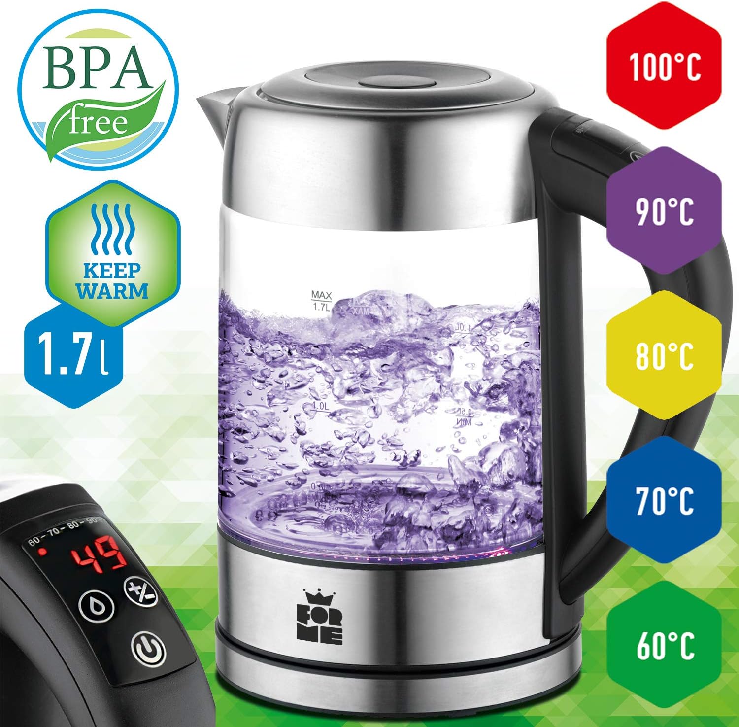 Bouilloire en verre avec 1,7 l, bouilloire, fonction maintien au chaud