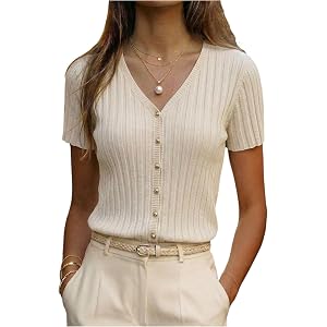 Verdusa Women's Short Sleeve Sweaters Button Up Knit Tops Summer Elegant Outfits