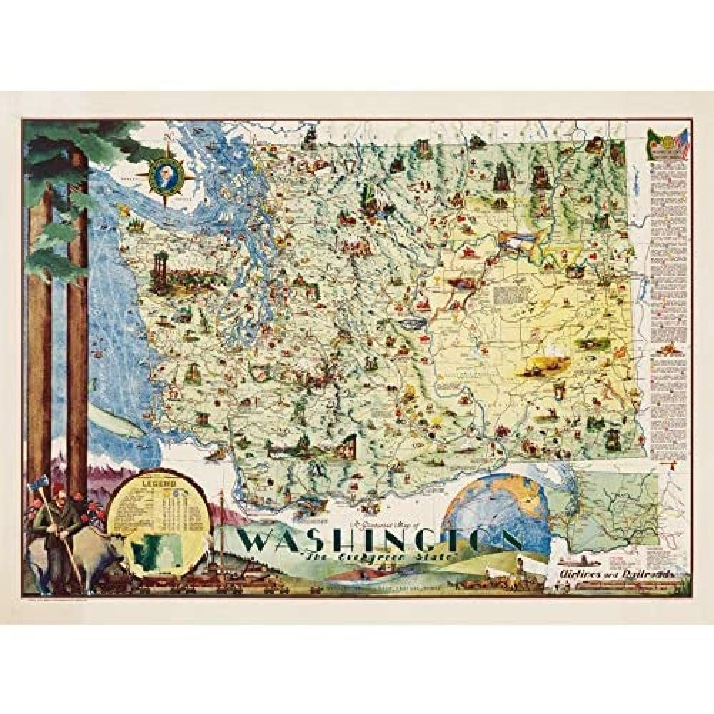 Artery8 Map Herman 1948 Washington State Pictorial Art Print Canvas Premium Wall Decor Poster Mural