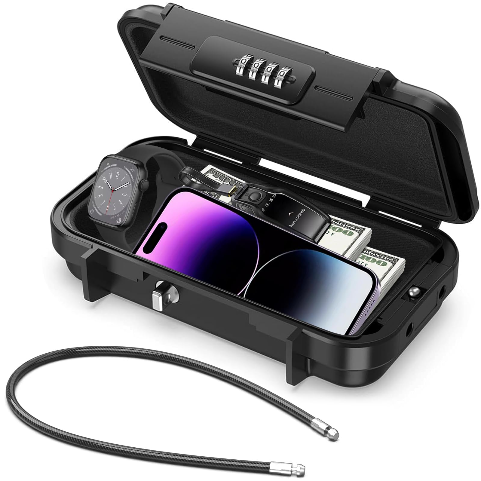 Diyife Portable Safe Box, [Waterproof] Travel Safe Combination Case, Anti-Theft Security Box with 4-digital Code, Lock Box with Removable Wire Rope for Hotels, Travel, Sports, Venues, Office, Vacation