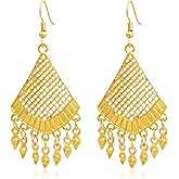 18K Gold Plated Dangle Earrings for Women Big Chandelier Filigree Tassel Earrings Boho Geometric Hanging Dangling for Indian Jewelry