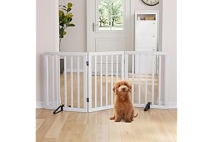 Semiocthome Bamboo Freestanding Dog Gates for Doorways,3-Panel Indoor Puppy Gates for the House with 2 Metal Stands,24"H Folding Pet Gate for Stairs Expands Up to 55"W Fully Assembled Stair Gate White